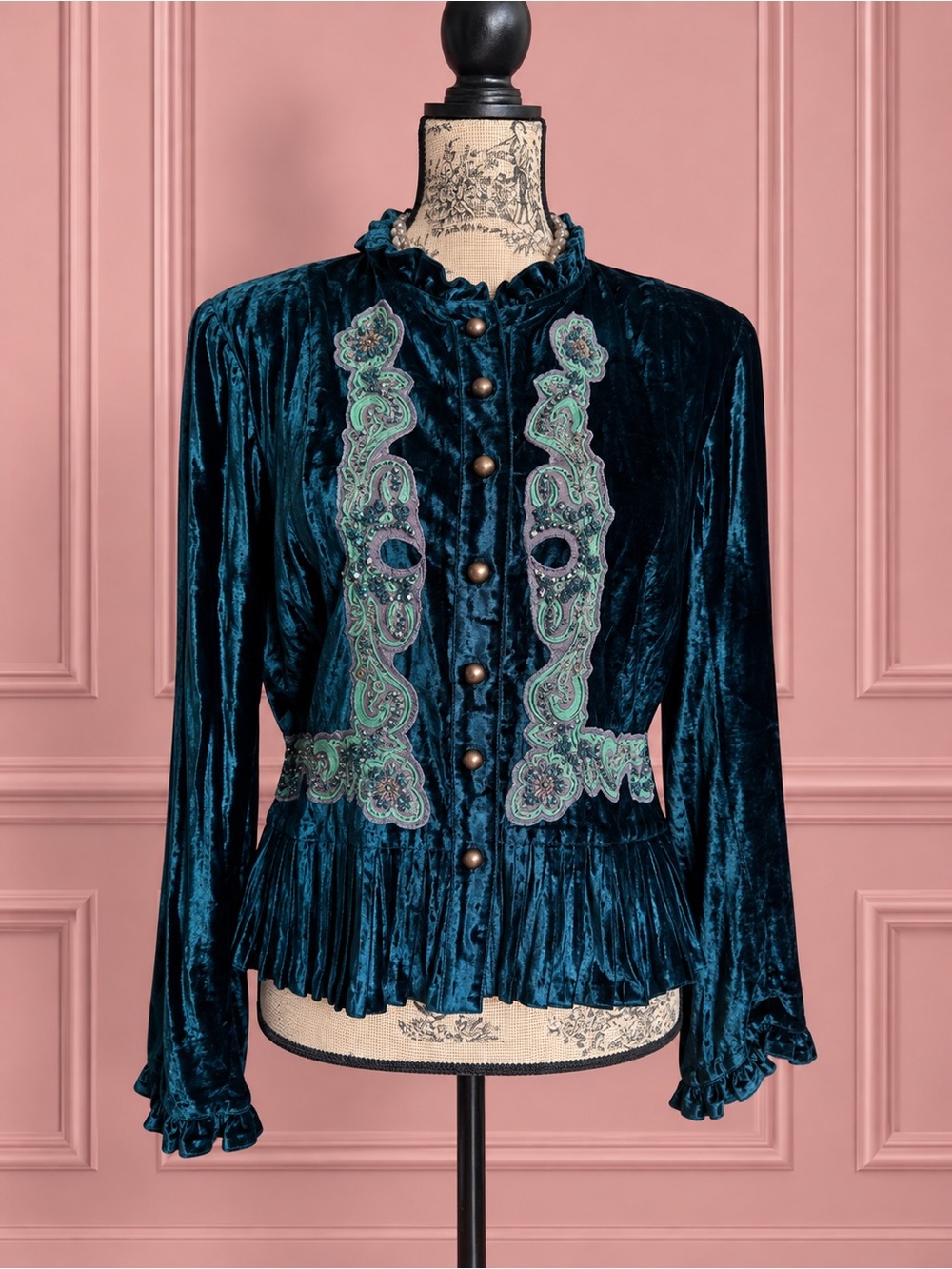 René Derhy Teal Velvet Embroidered Ruffle-Trim Button Front Jacket Size L